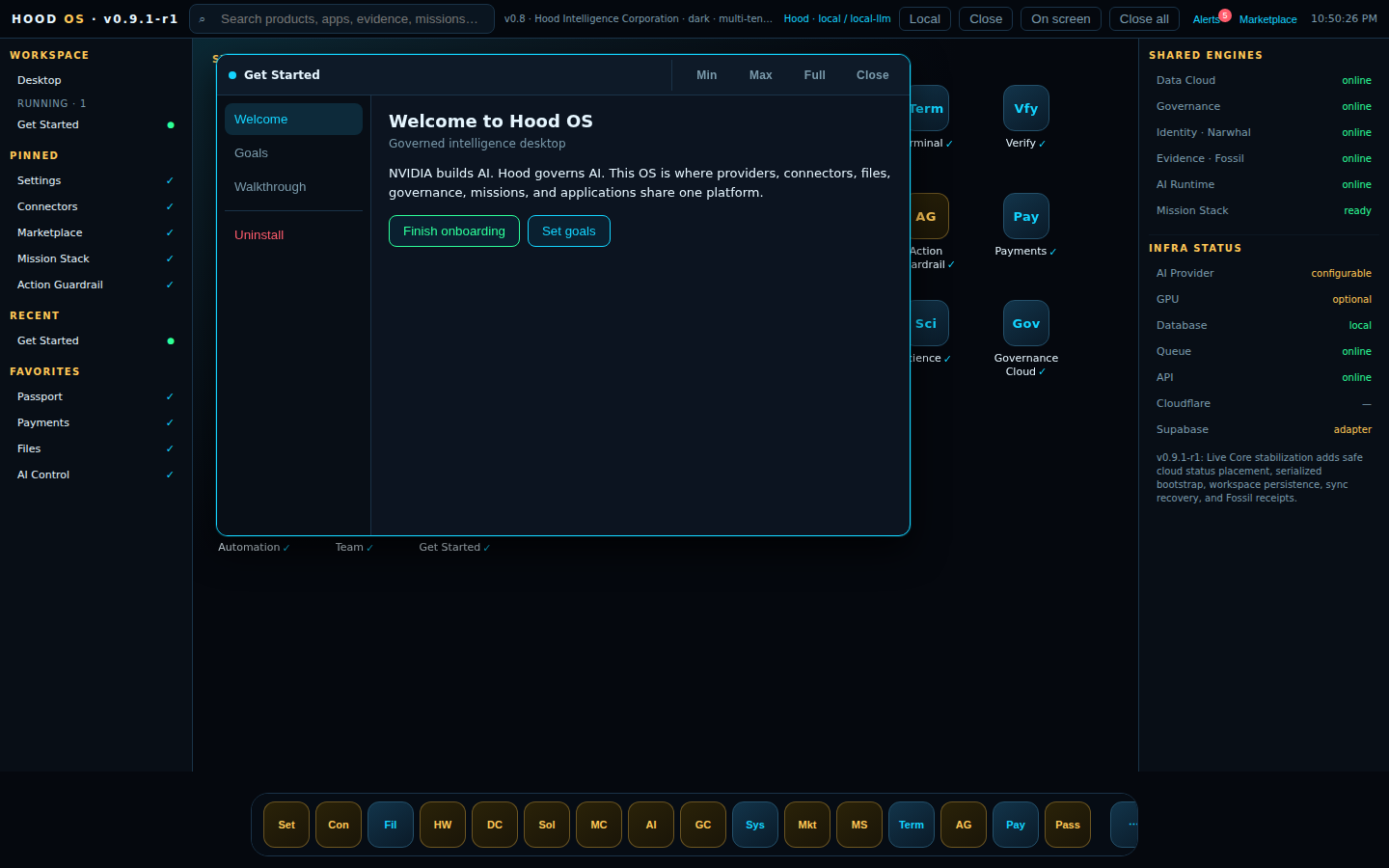 Hood OS desktop with the welcome window open