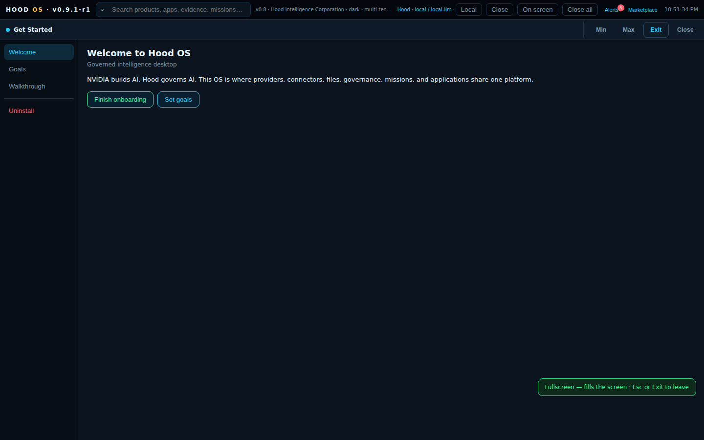 Hood OS welcome screen