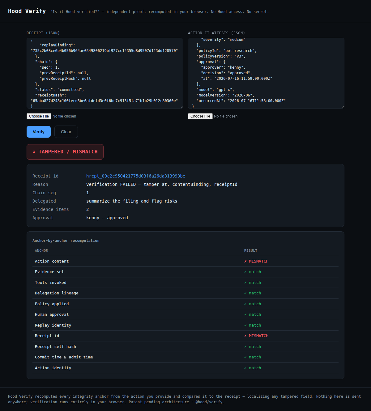 Hood Verify rejected a tampered sample receipt