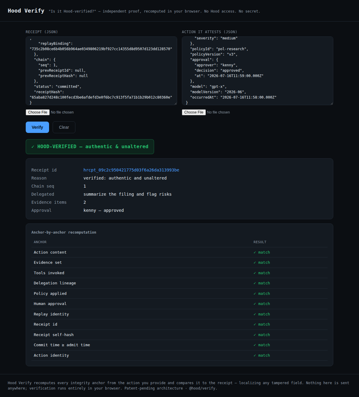 Hood Verify matched a sample receipt